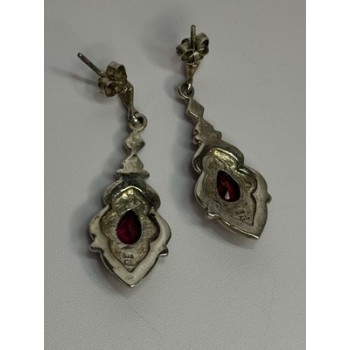 925 Sterling Silver Garnet & Marcasite Earrings Length 1.5 Inch