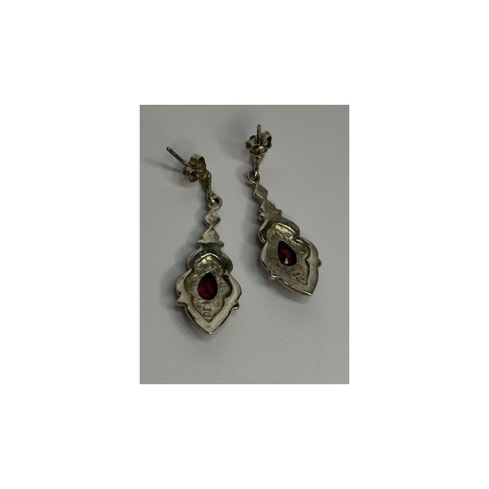925 Sterling Silver Garnet & Marcasite Earrings Length 1.5 Inch