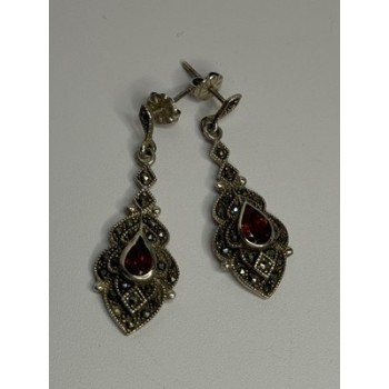 925 Sterling Silver Garnet & Marcasite Earrings Length 1.5 Inch