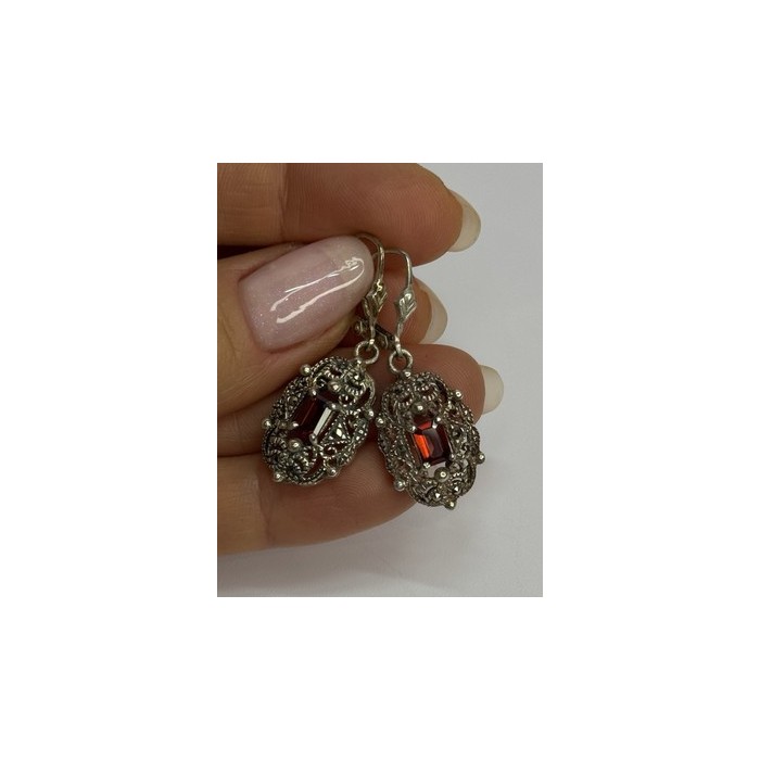 925 Sterling Silver Garnet & Marcasite Earrings Length 1.4 Inch