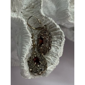 925 Sterling Silver Garnet & Marcasite Earrings Length 1.4 Inch