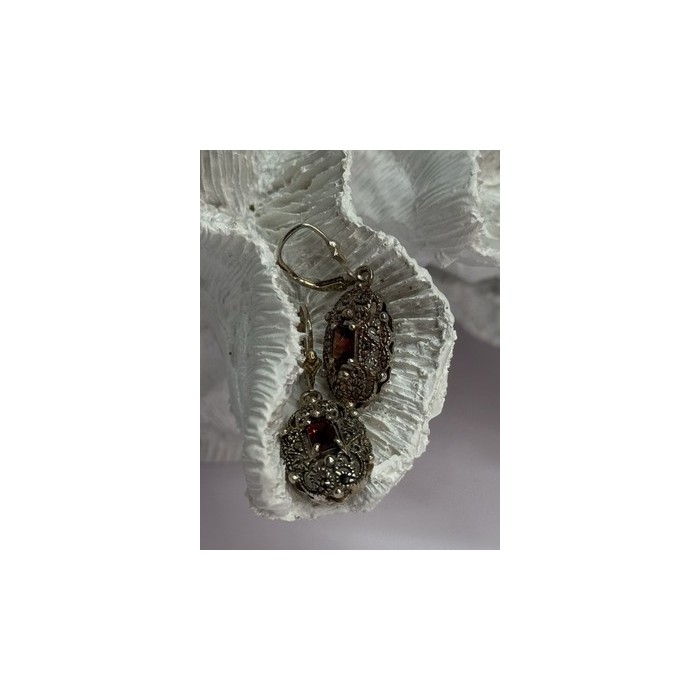 925 Sterling Silver Garnet & Marcasite Earrings Length 1.4 Inch