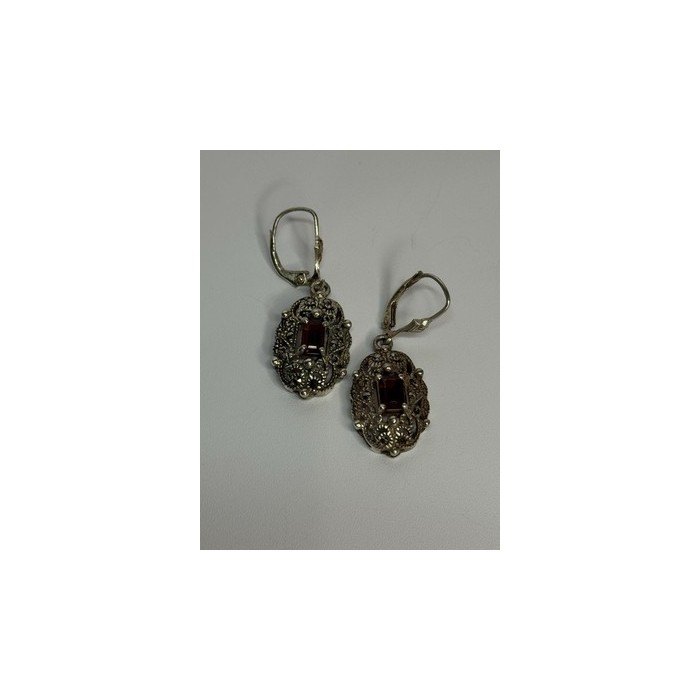 925 Sterling Silver Garnet & Marcasite Earrings Length 1.4 Inch