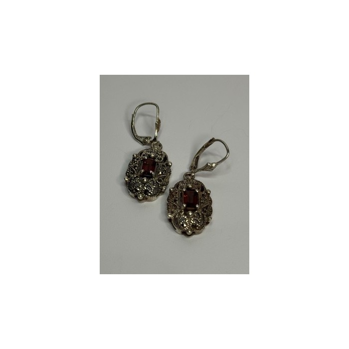 925 Sterling Silver Garnet & Marcasite Earrings Length 1.4 Inch