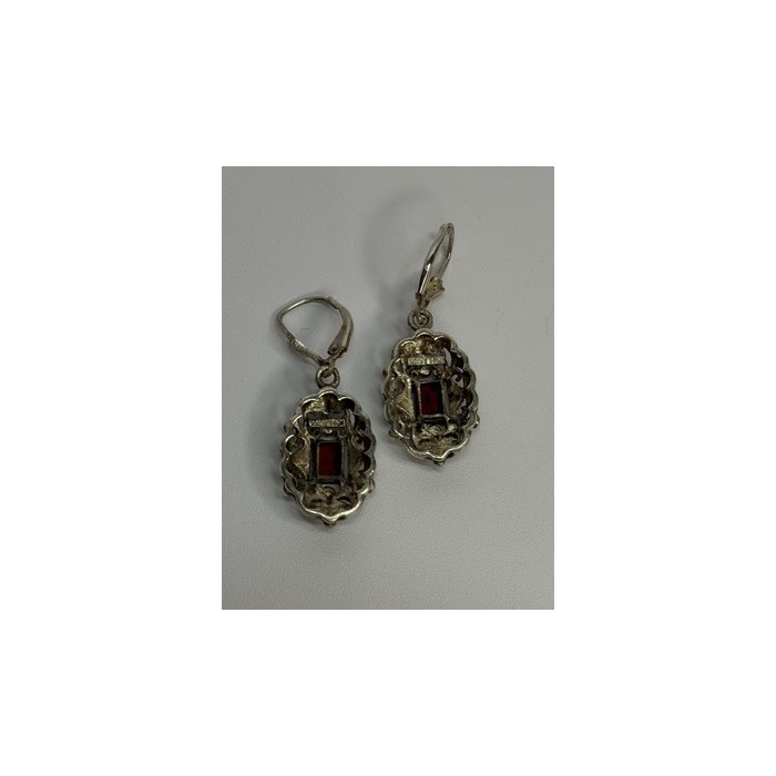 925 Sterling Silver Garnet & Marcasite Earrings Length 1.4 Inch
