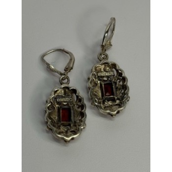 925 Sterling Silver Garnet & Marcasite Earrings Length 1.4 Inch