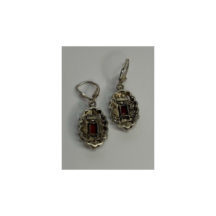 925 Sterling Silver Garnet & Marcasite Earrings Length 1.4 Inch