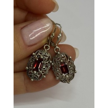 925 Sterling Silver Garnet & Marcasite Earrings Length 1.4 Inch