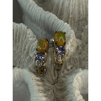 925 Sterling Silver Yellow Opal & Tanzanite Earrings Length 0.70 inch