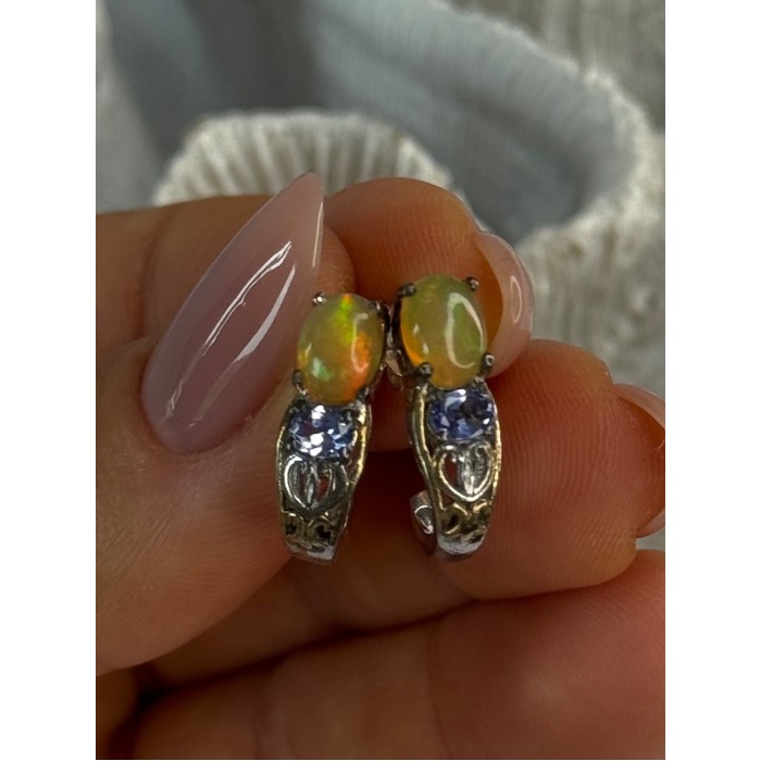 925 Sterling Silver Yellow Opal & Tanzanite Earrings Length 0.70 inch