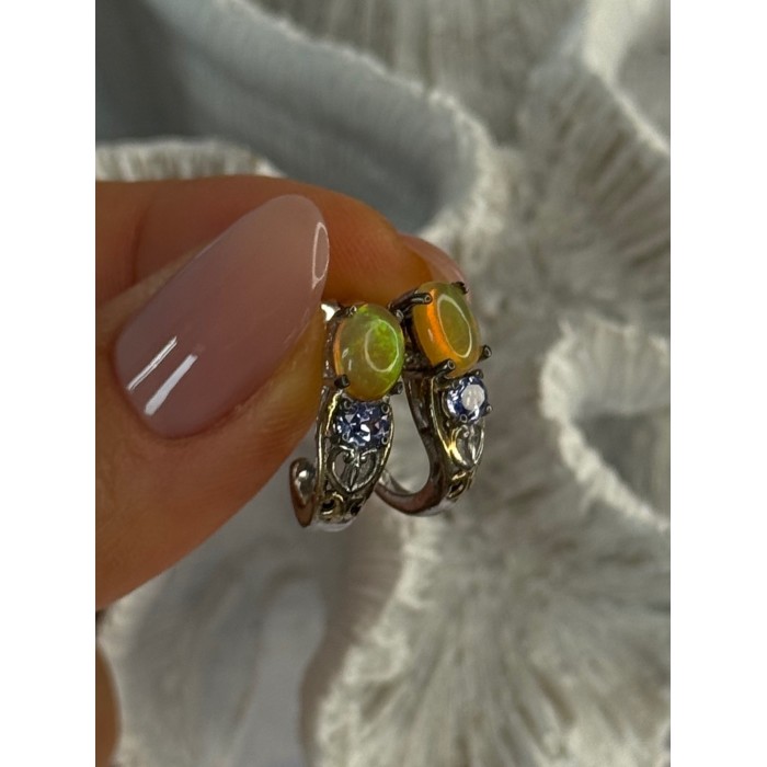 925 Sterling Silver Yellow Opal & Tanzanite Earrings Length 0.70 inch