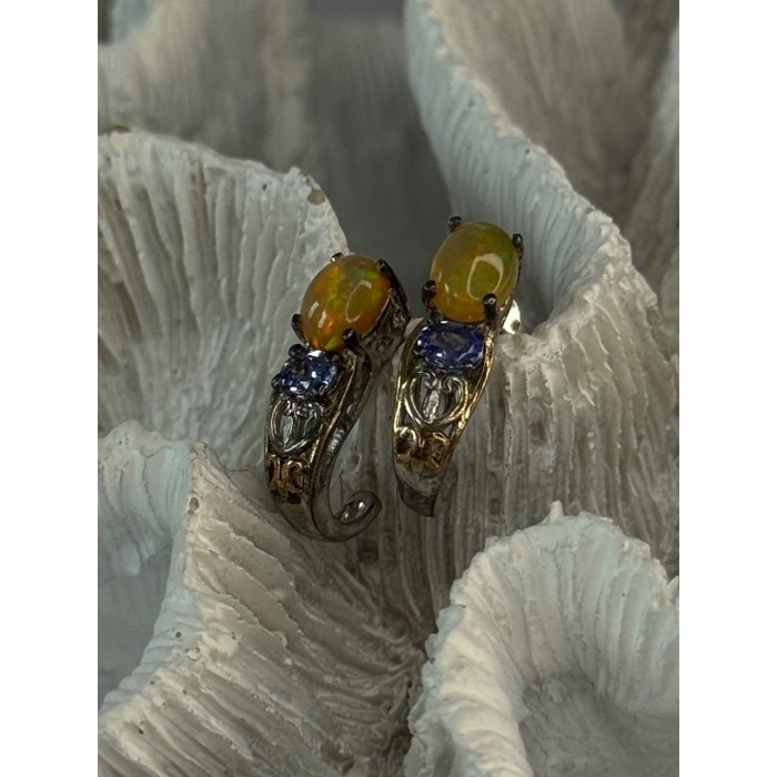 925 Sterling Silver Yellow Opal & Tanzanite Earrings Length 0.70 inch