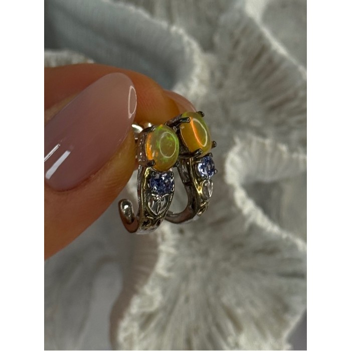 925 Sterling Silver Yellow Opal & Tanzanite Earrings Length 0.70 inch