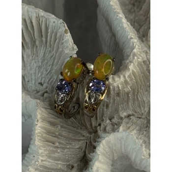 925 Sterling Silver Yellow Opal & Tanzanite Earrings Length 0.70 inch