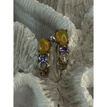 925 Sterling Silver Yellow Opal & Tanzanite Earrings Length 0.70 inch