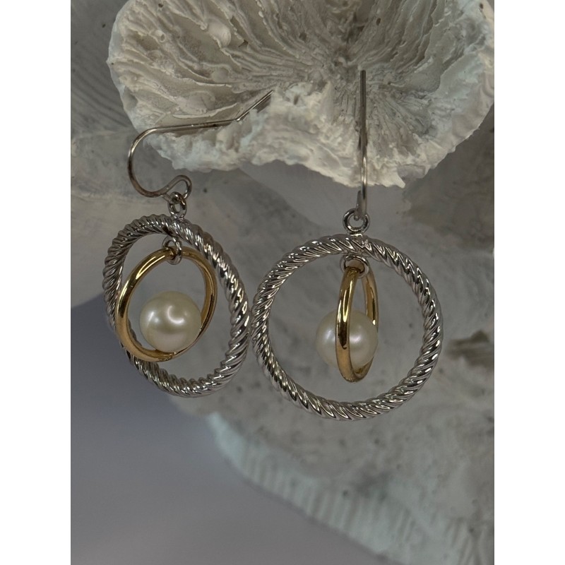 Elegant Design 925 Sterling Silver Gold Plated Part Pearl Earrings Length 1.30