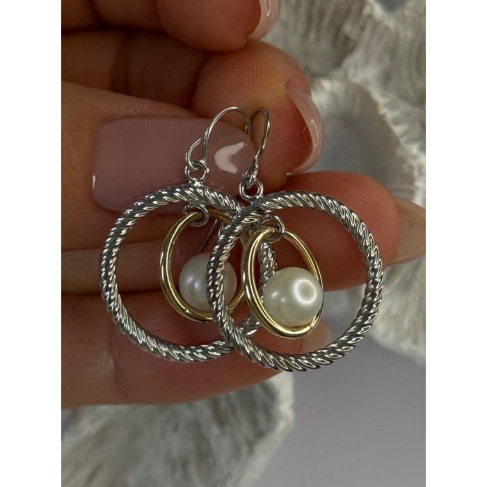 Elegant Design 925 Sterling Silver Gold Plated Part Pearl Earrings Length 1.30