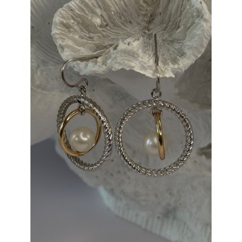 Elegant Design 925 Sterling Silver Gold Plated Part Pearl Earrings Length 1.30