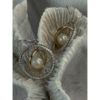Elegant Design 925 Sterling Silver Gold Plated Part Pearl Earrings Length 1.30