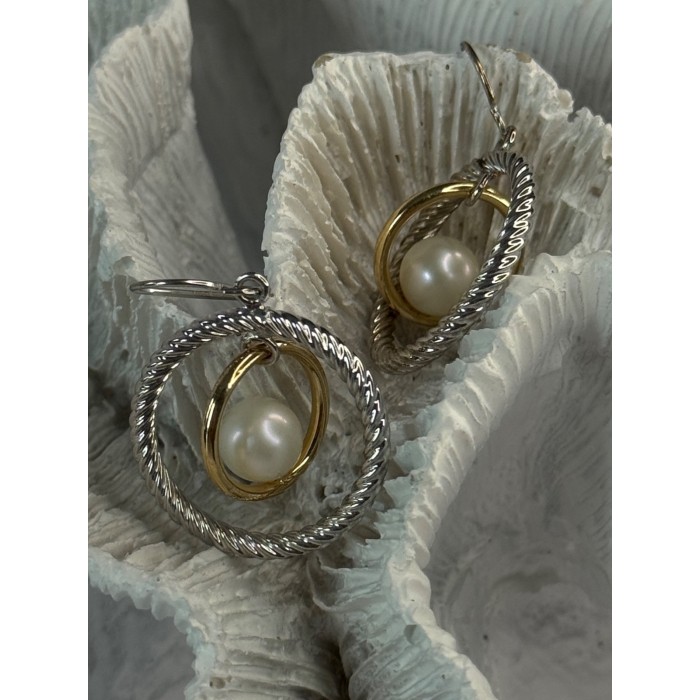 Elegant Design 925 Sterling Silver Gold Plated Part Pearl Earrings Length 1.30