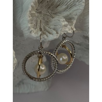 Elegant Design 925 Sterling Silver Gold Plated Part Pearl Earrings Length 1.30