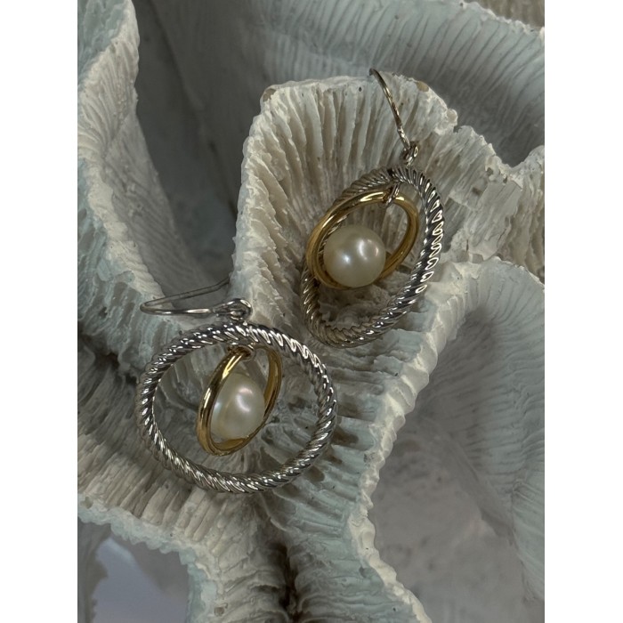 Elegant Design 925 Sterling Silver Gold Plated Part Pearl Earrings Length 1.30