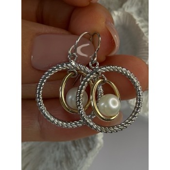Elegant Design 925 Sterling Silver Gold Plated Part Pearl Earrings Length 1.30