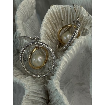 Elegant Design 925 Sterling Silver Gold Plated Part Pearl Earrings Length 1.30