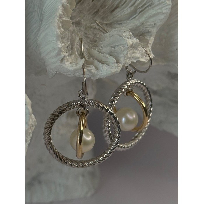 Elegant Design 925 Sterling Silver Gold Plated Part Pearl Earrings Length 1.30