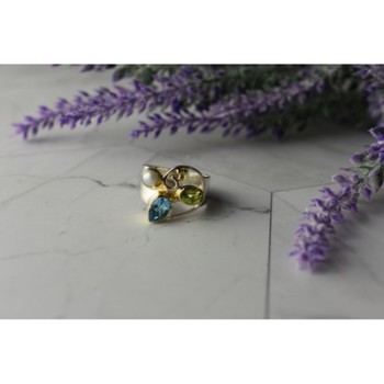 925 STERLING SILVER BLUE SPINEL, PEARL & PERIDOT RING SIZE 5.5