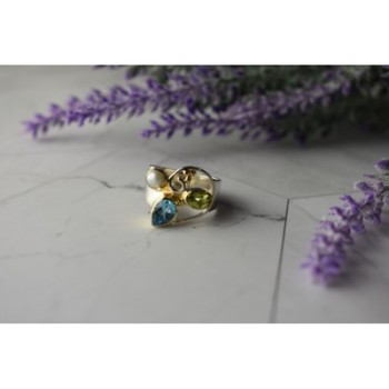 925 STERLING SILVER BLUE SPINEL, PEARL & PERIDOT RING SIZE 5.5