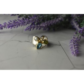 925 STERLING SILVER BLUE SPINEL, PEARL & PERIDOT RING SIZE 5.5