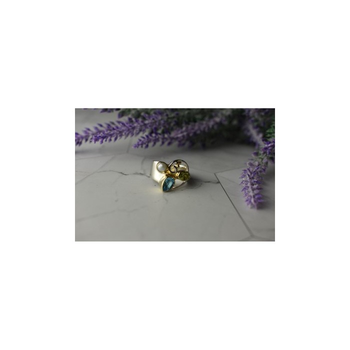 925 STERLING SILVER BLUE SPINEL, PEARL & PERIDOT RING SIZE 5.5