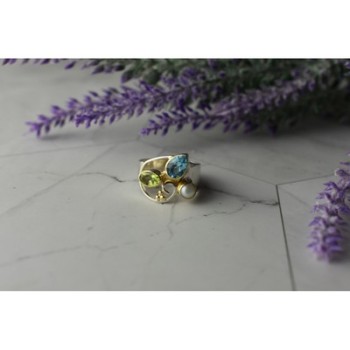 925 STERLING SILVER BLUE SPINEL, PEARL & PERIDOT RING SIZE 5.5
