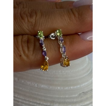 925 Sterling Silver Peridot & Amethyst & Citrine Earrings Length 0.90 inch
