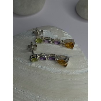 925 Sterling Silver Peridot & Amethyst & Citrine Earrings Length 0.90 inch