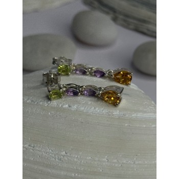 925 Sterling Silver Peridot & Amethyst & Citrine Earrings Length 0.90 inch