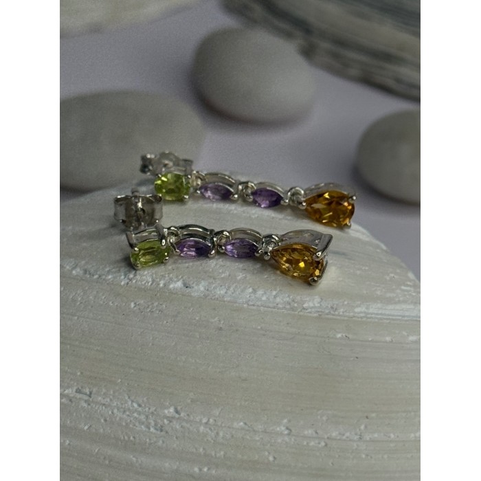 925 Sterling Silver Peridot & Amethyst & Citrine Earrings Length 0.90 inch