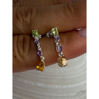 925 Sterling Silver Peridot & Amethyst & Citrine Earrings Length 0.90 inch