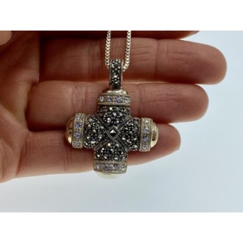 925 Sterling Silver CZ & Marcasites Chain with Cross