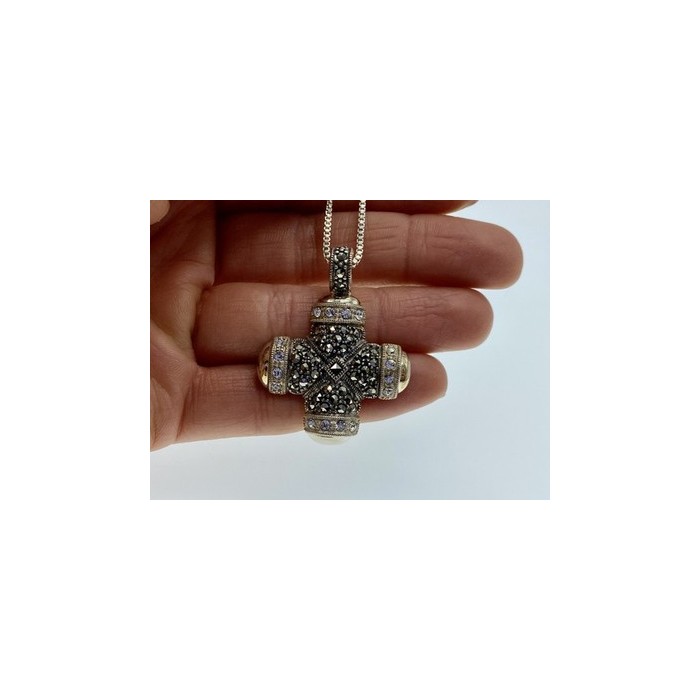 925 Sterling Silver CZ & Marcasites Chain with Cross