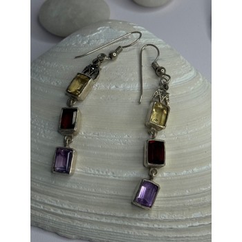 925 Sterling Silver Amethyst & Garnet & Citrine Earrings Length 2.30 inch