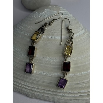 925 Sterling Silver Amethyst & Garnet & Citrine Earrings Length 2.30 inch