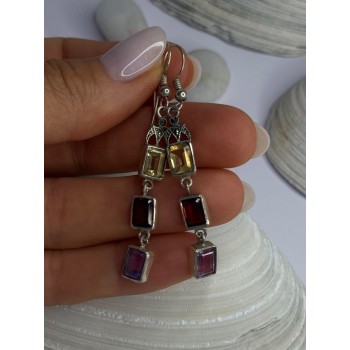 925 Sterling Silver Amethyst & Garnet & Citrine Earrings Length 2.30 inch