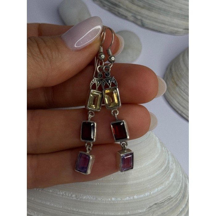 925 Sterling Silver Amethyst & Garnet & Citrine Earrings Length 2.30 inch