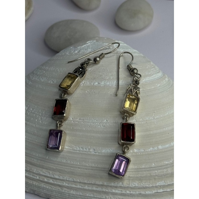 925 Sterling Silver Amethyst & Garnet & Citrine Earrings Length 2.30 inch
