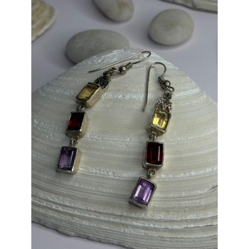 925 Sterling Silver Amethyst & Garnet & Citrine Earrings Length 2.30 inch