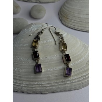 925 Sterling Silver Amethyst & Garnet & Citrine Earrings Length 2.30 inch