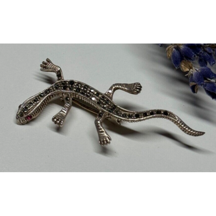925 Sterling Silver Ruby & Marcasite Lizard Brooch