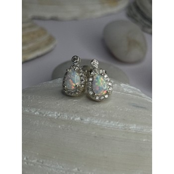 925 Sterling Silver Opal & Beryl Stud Earrings Length 0.4 inch